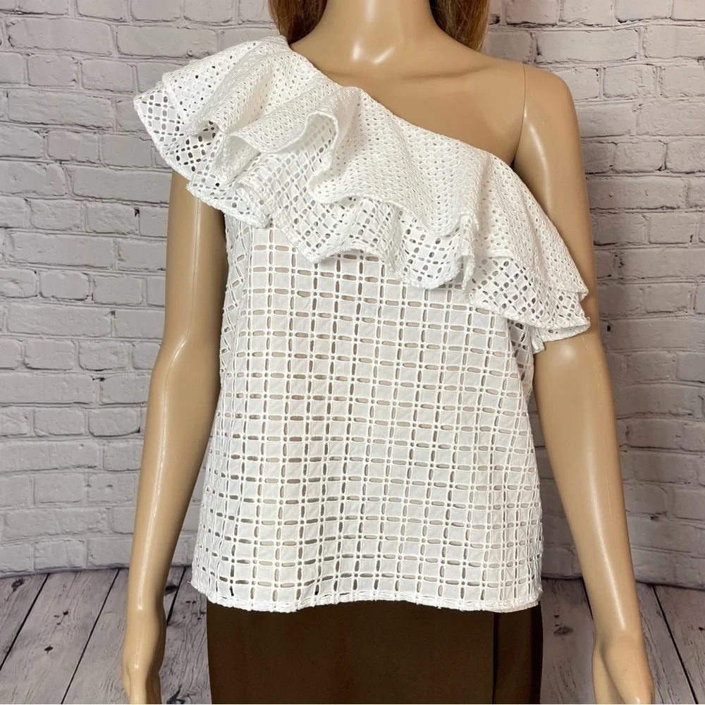 J. Crew White One-Shoulder Ruffle Eyelet Cotton Top Size 2